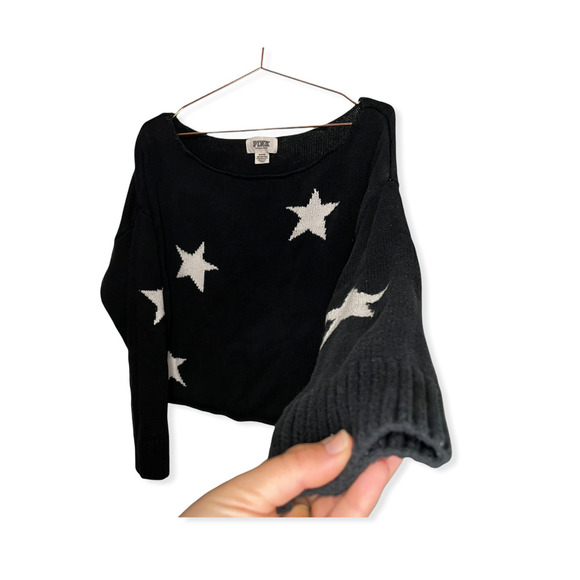 Pink Victoria Secret Cropped Off-The-Shoulder Sweater Black Star Print Medium - Picture 4 of 9